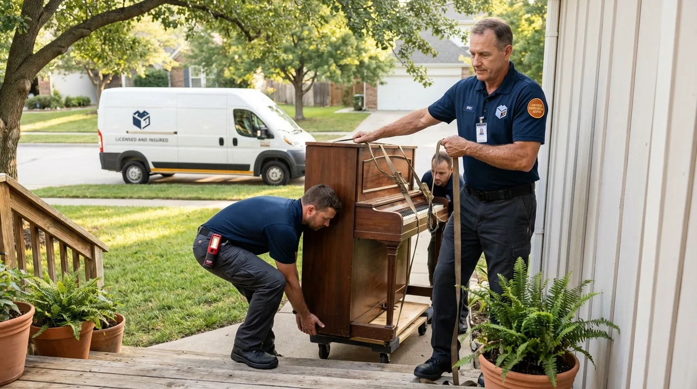 Licensed piano movers securing grand piano in Archbold, OH