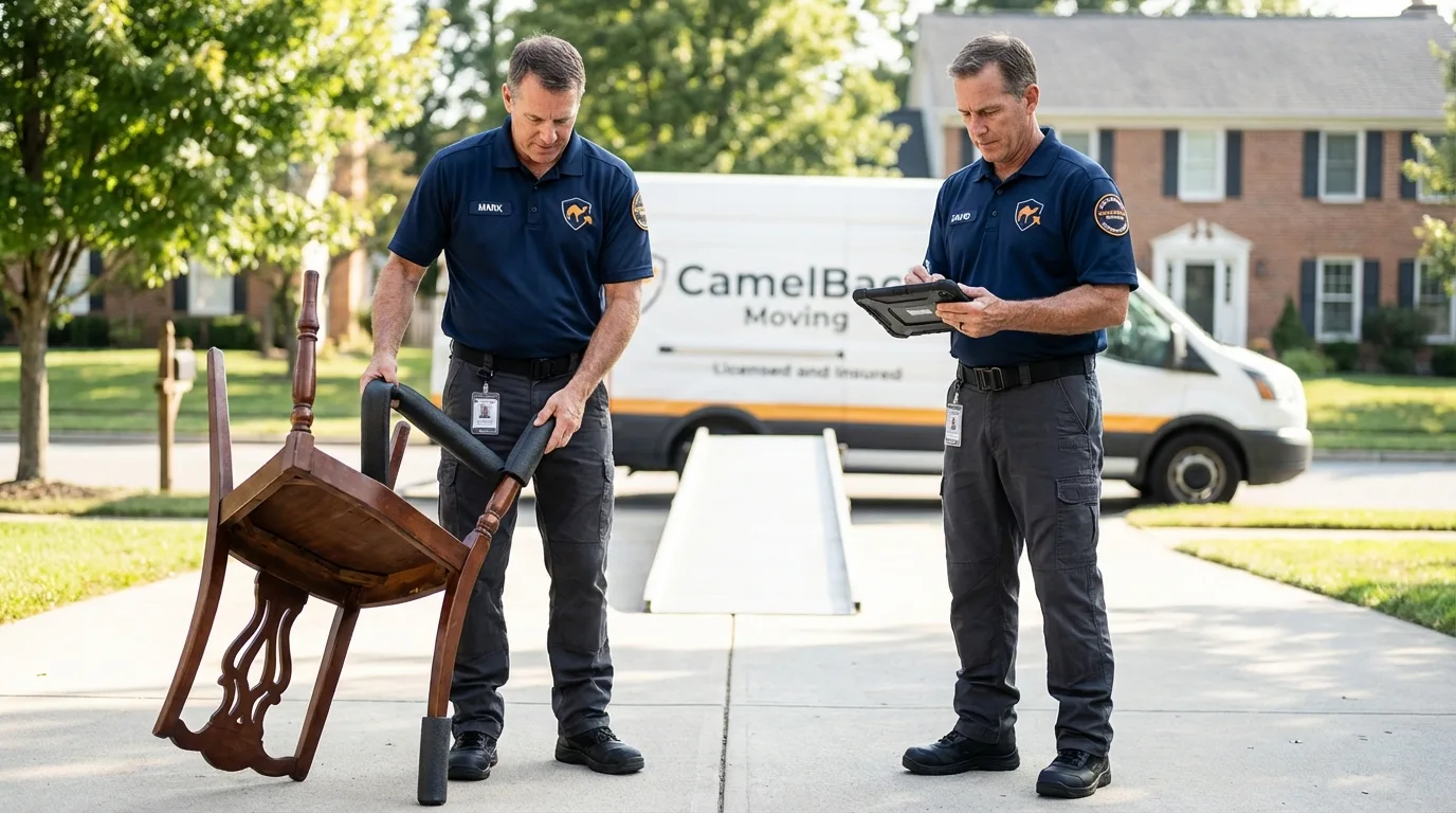 Movers inspecting furniture for damage prevention before loading in Archbold, OH